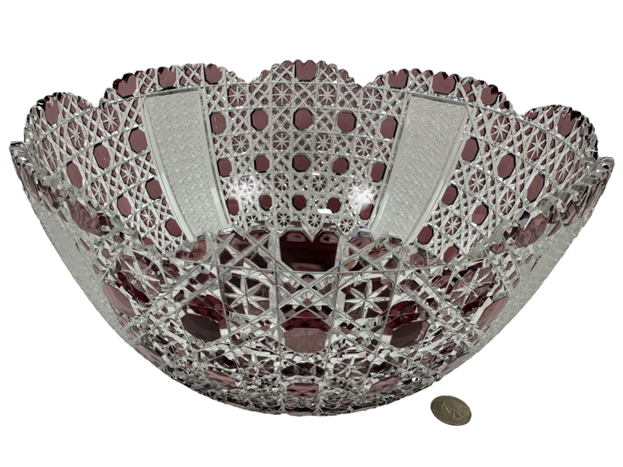 Just Added - Signed D. H. 1972 Amethyst Cut To Clear Crystal Centerpiece Bowl 11.5W X 6.5H