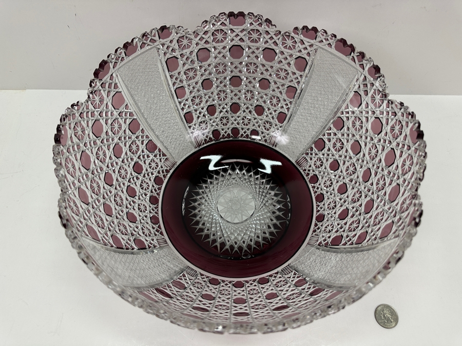 Just Added - Signed D. H. 1972 Amethyst Cut To Clear Crystal Centerpiece Bowl 11.5W X 6.5H [Photo 8]