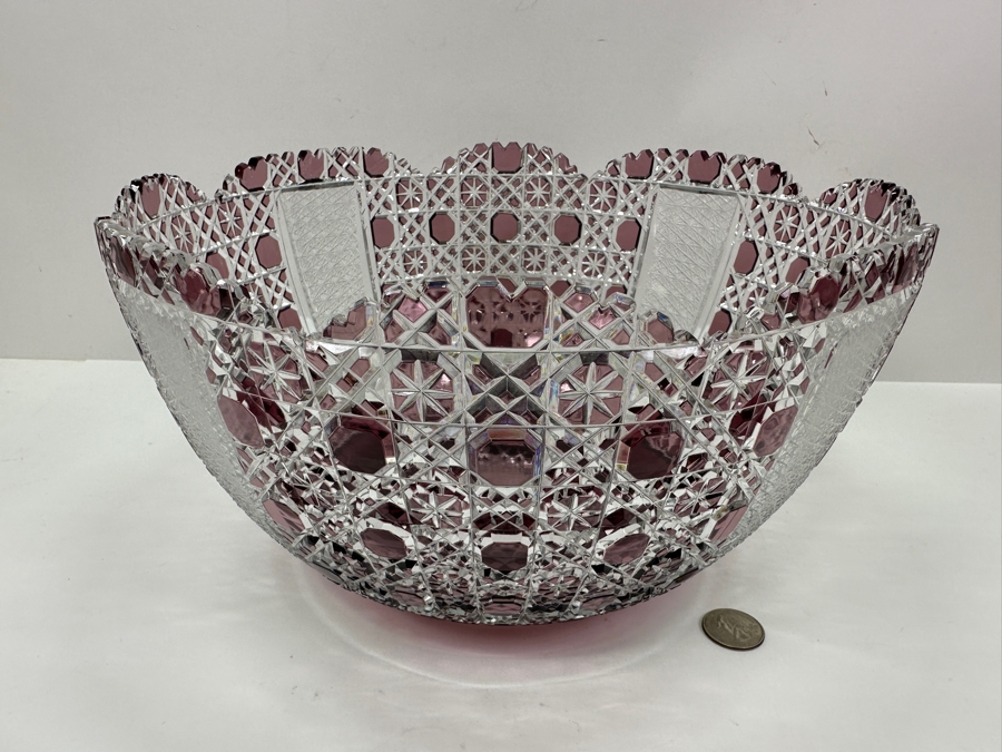 Just Added - Signed D. H. 1972 Amethyst Cut To Clear Crystal Centerpiece Bowl 11.5W X 6.5H [Photo 5]