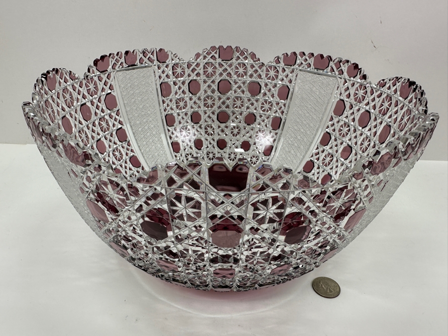Just Added - Signed D. H. 1972 Amethyst Cut To Clear Crystal Centerpiece Bowl 11.5W X 6.5H [Photo 6]
