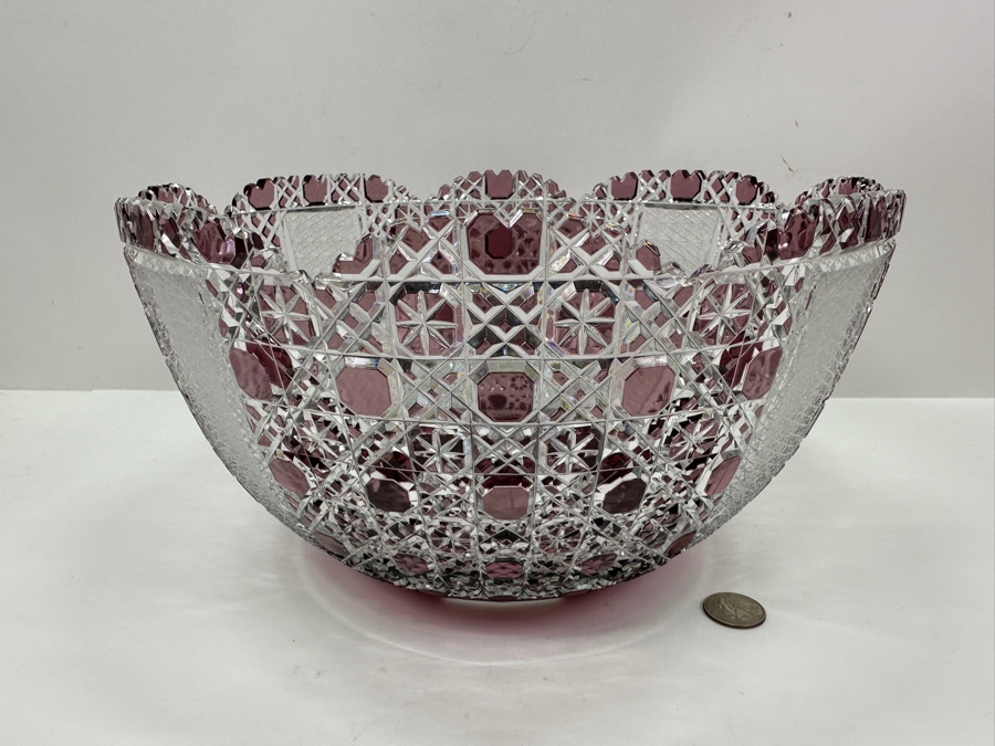 Just Added - Signed D. H. 1972 Amethyst Cut To Clear Crystal Centerpiece Bowl 11.5W X 6.5H [Photo 4]