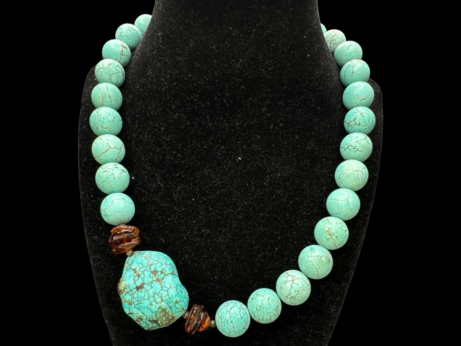 Just Added - Stunning Turquoise Bead & Amber 19” Necklace