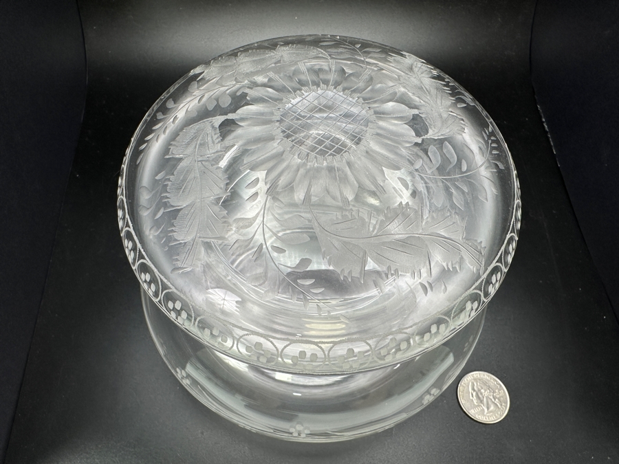 Just Added - Etched Murano Glass Round Box With Lid Made In Italy 4.5H [Photo 3]