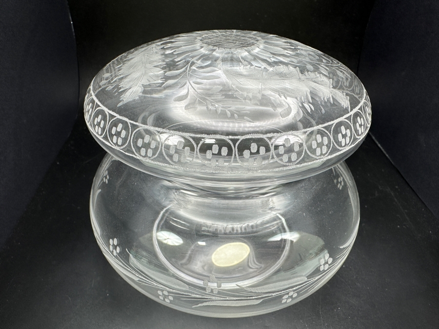 Just Added - Etched Murano Glass Round Box With Lid Made In Italy 4.5H [Photo 5]