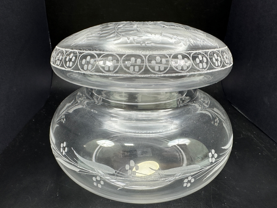 Just Added - Etched Murano Glass Round Box With Lid Made In Italy 4.5H [Photo 6]