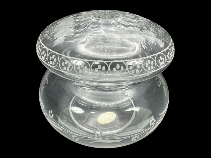 Just Added - Etched Murano Glass Round Box With Lid Made In Italy 4.5H