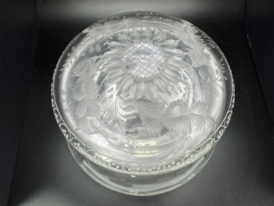 Just Added - Etched Murano Glass Round Box With Lid Made In Italy 4.5H [Photo 4]