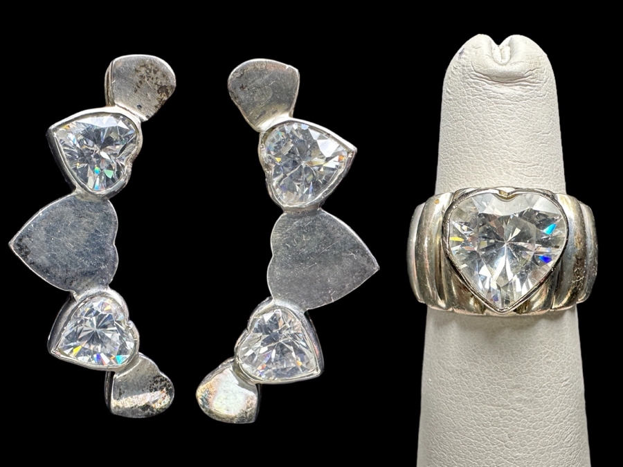 Just Added - Sterling Silver Heart Ring Size 5 And Matching Sterling Silver Heart Earrings 20.5g [Photo 1]