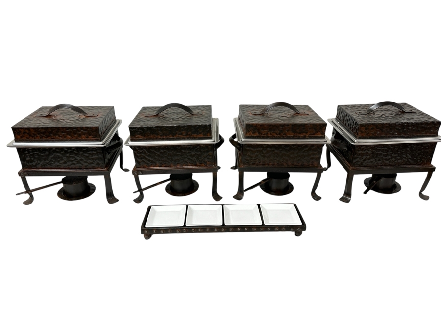 Just Added - (4) Jan Barboglio Forged Iron Rectangular Chafers 8qt And Serving Tray Retails $2,000+