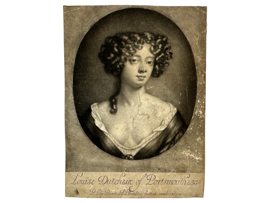 Just Added - Antique 1677 Mezzotint Portrait Print Of Louise-Renee De Keroualle, Duchess of Portsmouth; After Sir Peter Lely - Print Made By Abraham Blooteling 5.5 X 7.5 [Photo 1]