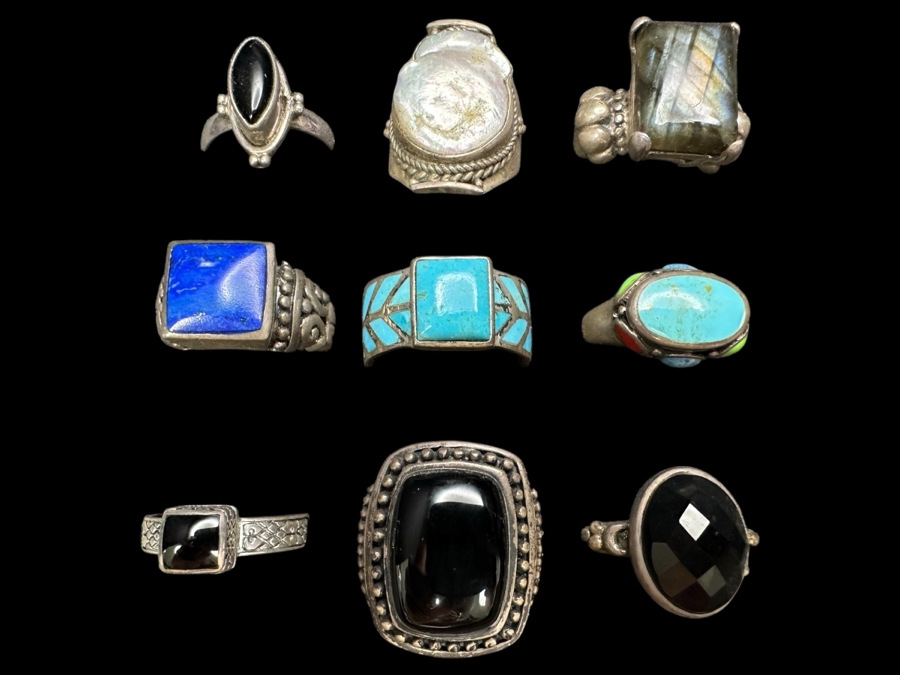 Just Added - (9) Sterling Silver Rings With Various Stones 65.4g [Photo 1]