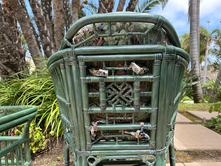 Just Added - Pair Of Green Rattan Armchairs 28W X 28D X 34H, Matching Side Table 20W X 20D X 20.5H And Ottoman [Photo 9]