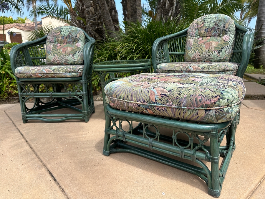 Just Added - Pair Of Green Rattan Armchairs 28W X 28D X 34H, Matching Side Table 20W X 20D X 20.5H And Ottoman [Photo 6]