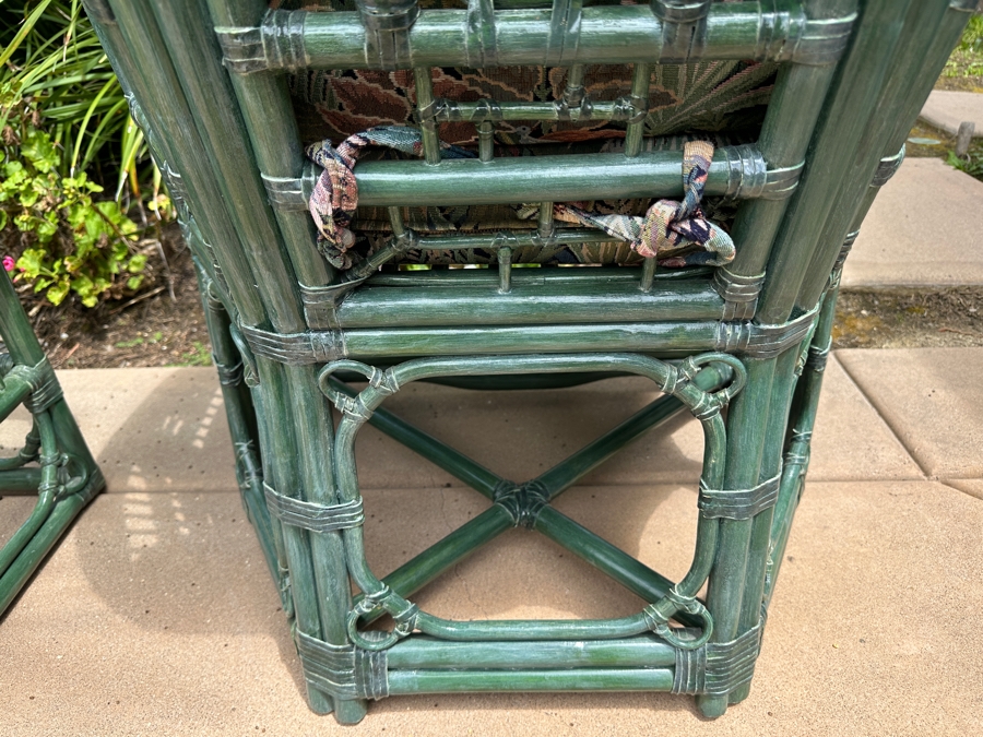 Just Added - Pair Of Green Rattan Armchairs 28W X 28D X 34H, Matching Side Table 20W X 20D X 20.5H And Ottoman [Photo 10]