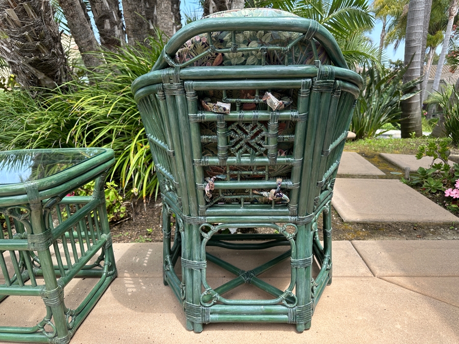 Just Added - Pair Of Green Rattan Armchairs 28W X 28D X 34H, Matching Side Table 20W X 20D X 20.5H And Ottoman [Photo 8]