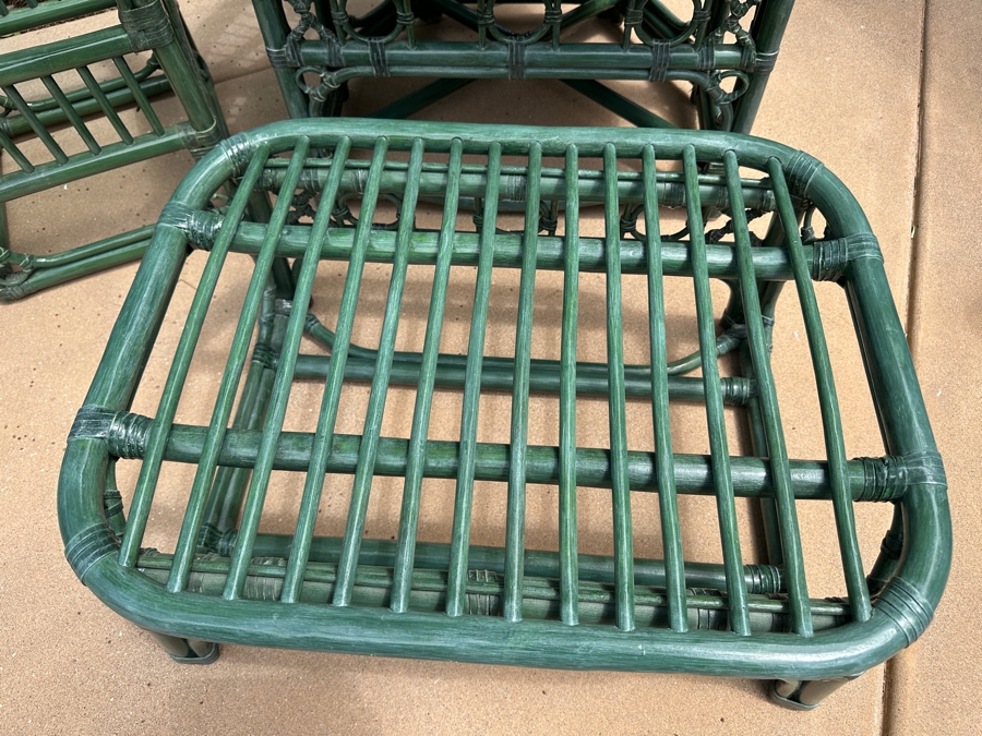 Just Added - Pair Of Green Rattan Armchairs 28W X 28D X 34H, Matching Side Table 20W X 20D X 20.5H And Ottoman [Photo 7]