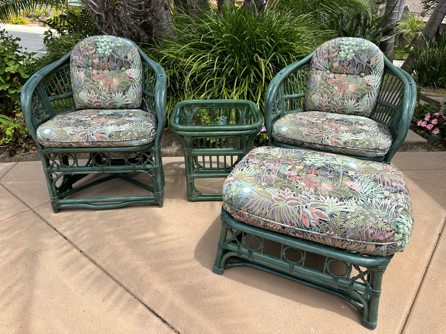 Just Added - Pair Of Green Rattan Armchairs 28W X 28D X 34H, Matching Side Table 20W X 20D X 20.5H And Ottoman