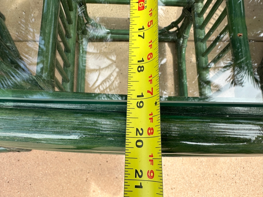 Just Added - Pair Of Green Rattan Armchairs 28W X 28D X 34H, Matching Side Table 20W X 20D X 20.5H And Ottoman [Photo 14]