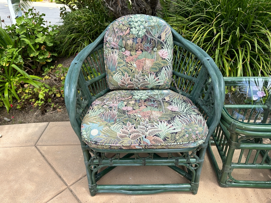 Just Added - Pair Of Green Rattan Armchairs 28W X 28D X 34H, Matching Side Table 20W X 20D X 20.5H And Ottoman [Photo 2]