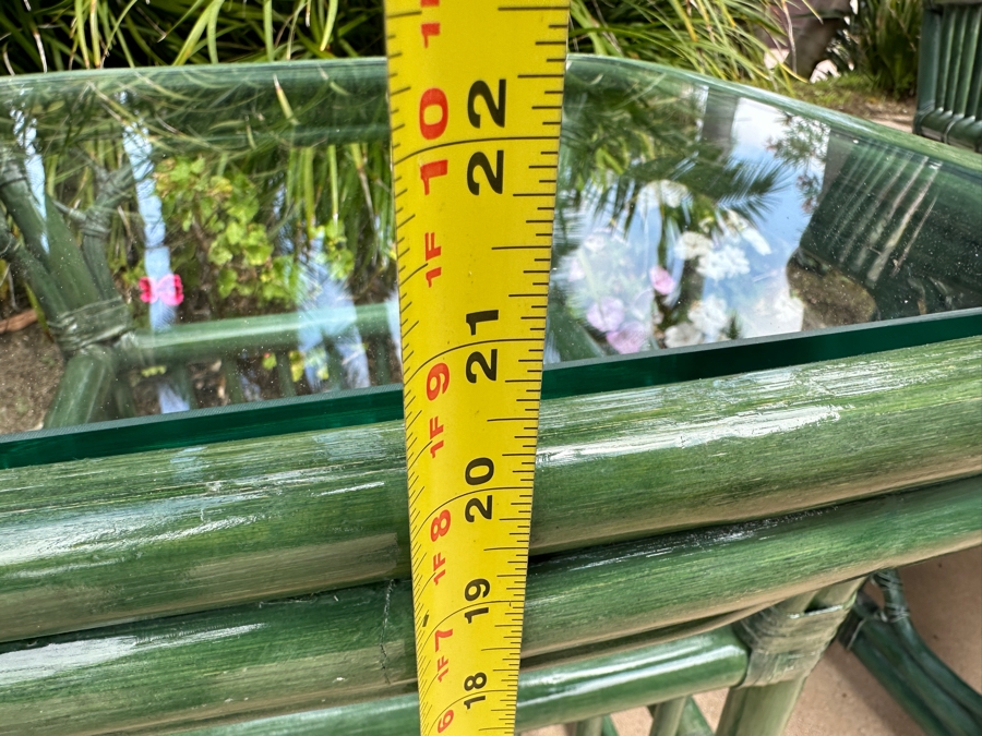 Just Added - Pair Of Green Rattan Armchairs 28W X 28D X 34H, Matching Side Table 20W X 20D X 20.5H And Ottoman [Photo 15]