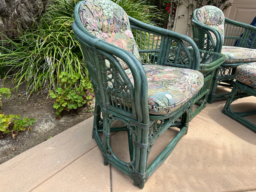 Just Added - Pair Of Green Rattan Armchairs 28W X 28D X 34H, Matching Side Table 20W X 20D X 20.5H And Ottoman [Photo 3]