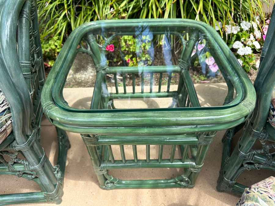 Just Added - Pair Of Green Rattan Armchairs 28W X 28D X 34H, Matching Side Table 20W X 20D X 20.5H And Ottoman [Photo 4]