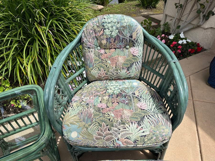 Just Added - Pair Of Green Rattan Armchairs 28W X 28D X 34H, Matching Side Table 20W X 20D X 20.5H And Ottoman [Photo 5]