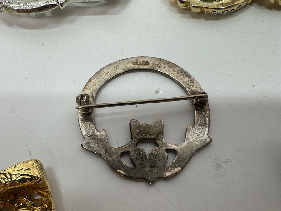 (1) Sterling Silver Brooch Pin (Center) & (4) Costume Brooches Pins [Photo 8]