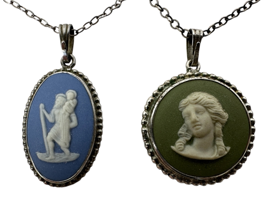 Pair Of Sterling Silver 18' Necklaces With Sterling Silver / Wedgwood England Pendants 8.8g [Photo 1]
