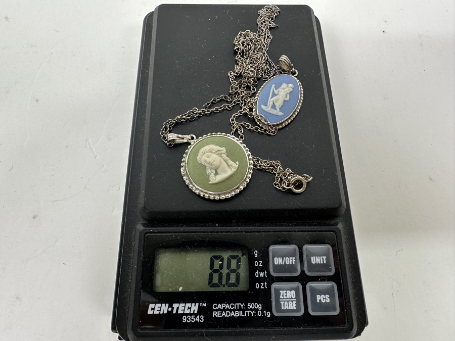 Pair Of Sterling Silver 18' Necklaces With Sterling Silver / Wedgwood England Pendants 8.8g [Photo 10]