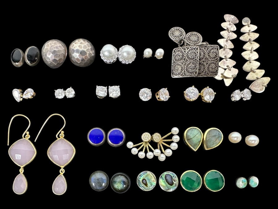 (21) Pairs Of Sterling Silver Earrings 68.7g [Photo 1]