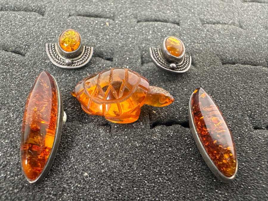 (2) Pairs Of Sterling Silver / Amber Earrings And Carved Amber Turtle Figurine 9.9g [Photo 8]