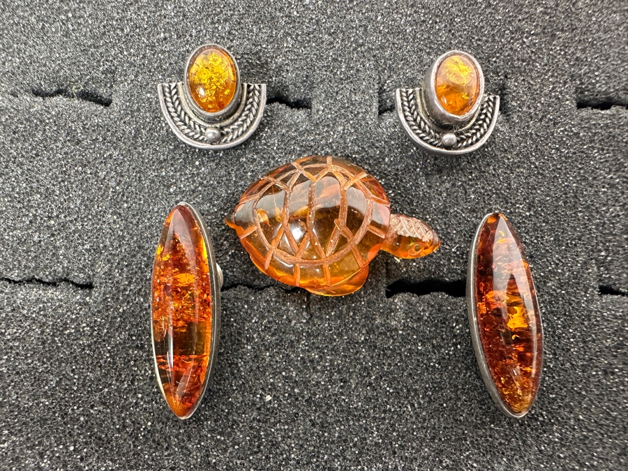 (2) Pairs Of Sterling Silver / Amber Earrings And Carved Amber Turtle Figurine 9.9g [Photo 3]