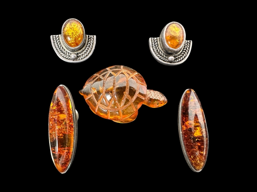 (2) Pairs Of Sterling Silver / Amber Earrings And Carved Amber Turtle Figurine 9.9g [Photo 1]