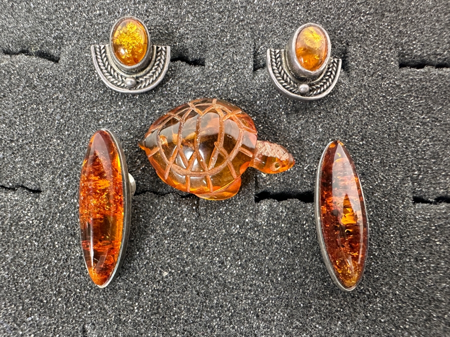 (2) Pairs Of Sterling Silver / Amber Earrings And Carved Amber Turtle Figurine 9.9g [Photo 5]