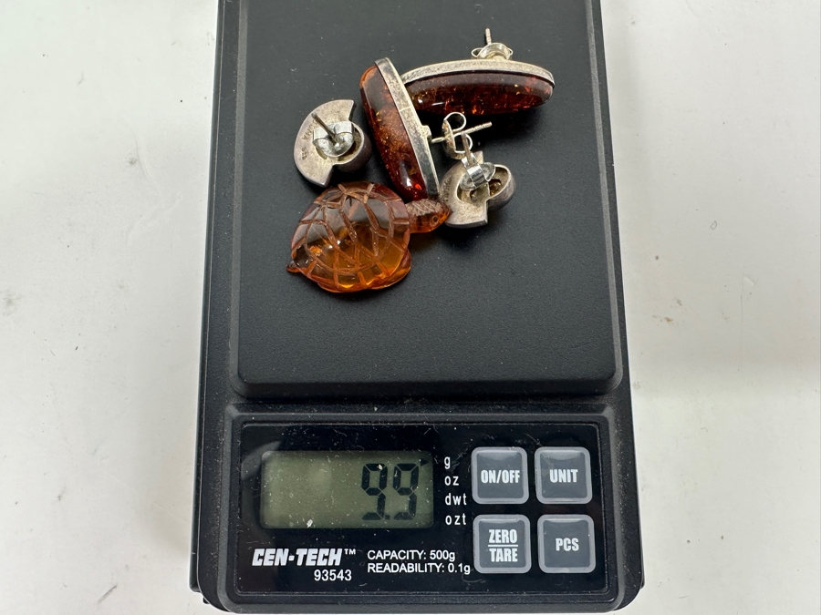 (2) Pairs Of Sterling Silver / Amber Earrings And Carved Amber Turtle Figurine 9.9g [Photo 10]