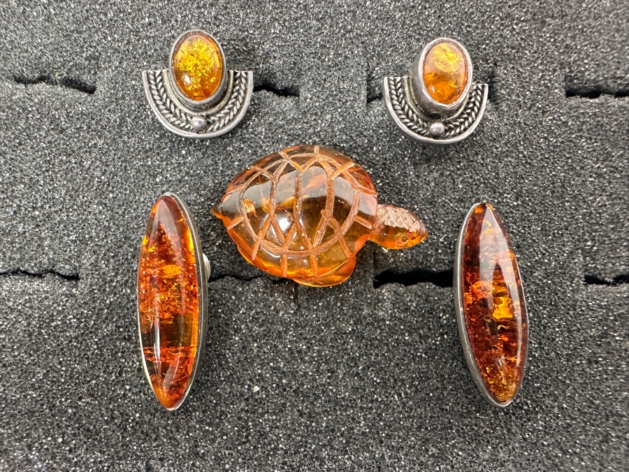 (2) Pairs Of Sterling Silver / Amber Earrings And Carved Amber Turtle Figurine 9.9g [Photo 2]