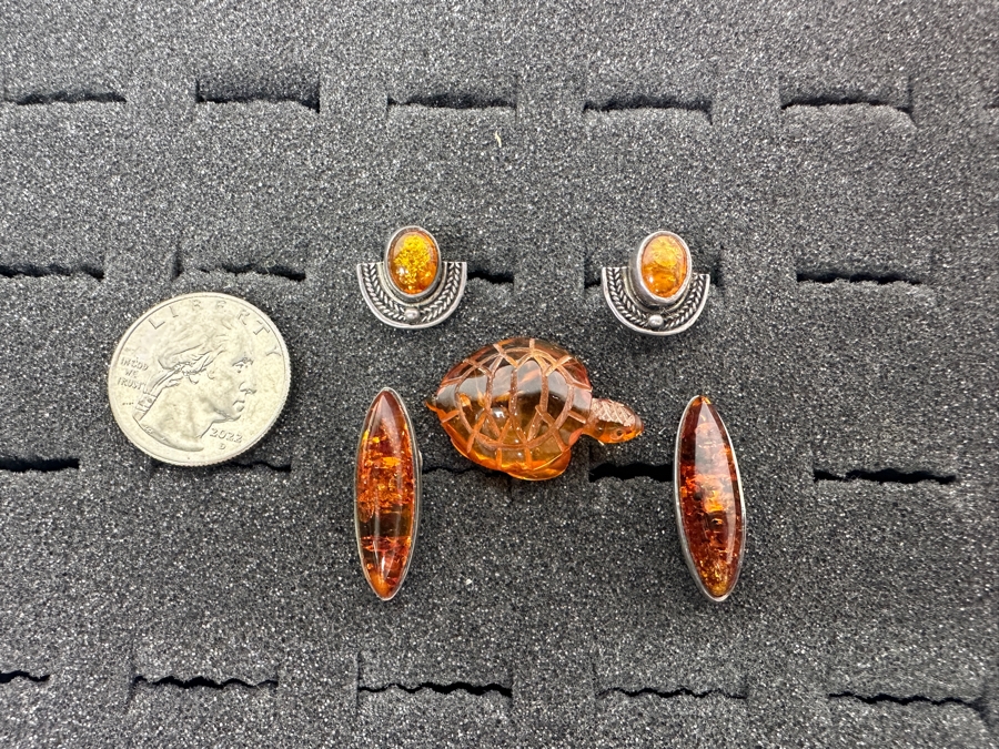(2) Pairs Of Sterling Silver / Amber Earrings And Carved Amber Turtle Figurine 9.9g [Photo 4]
