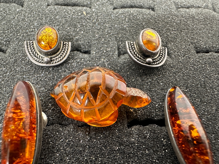 (2) Pairs Of Sterling Silver / Amber Earrings And Carved Amber Turtle Figurine 9.9g [Photo 7]