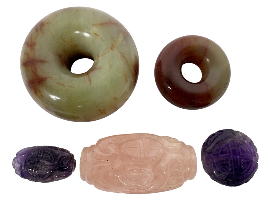 (5) Carved Stone Pieces: Amethyst, Rose Quartz, Jade/Soapstone?