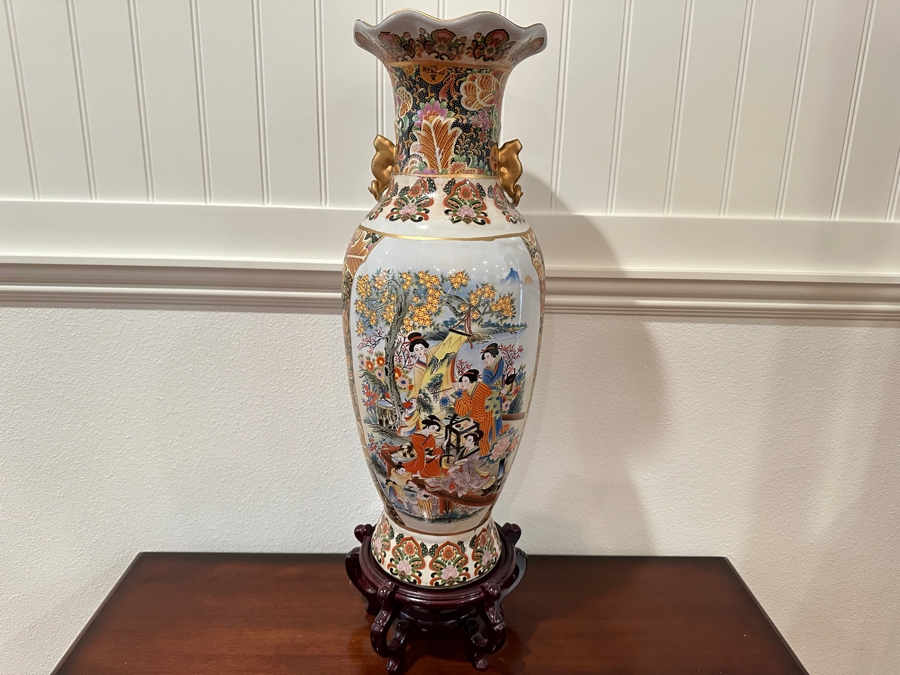 Japanese Satsuma Fluted Vase With Handles And Wooden Stand 23'H [Photo 9]