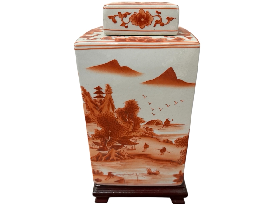 Frontgate Decorative Chinoiserie Jar With Lid And Wooden Stand 13'H [Photo 1]