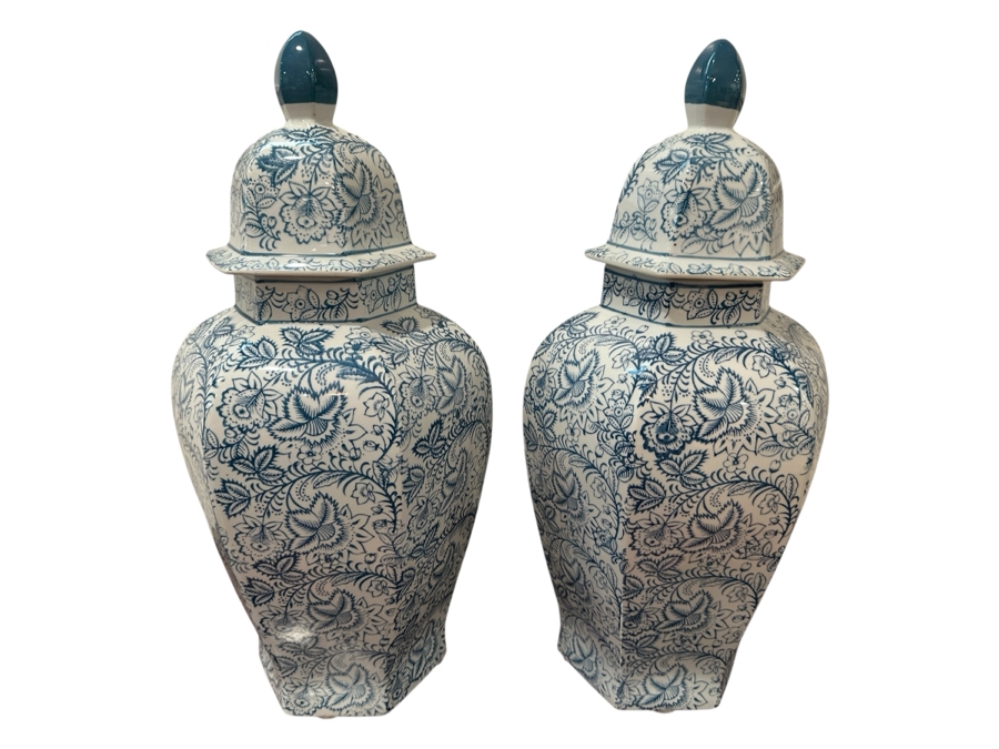 Pair Of Decorative Chinoiserie Blue & White Jars With Lids 18.5'H [Photo 1]