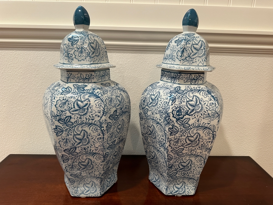 Pair Of Decorative Chinoiserie Blue & White Jars With Lids 18.5'H [Photo 2]