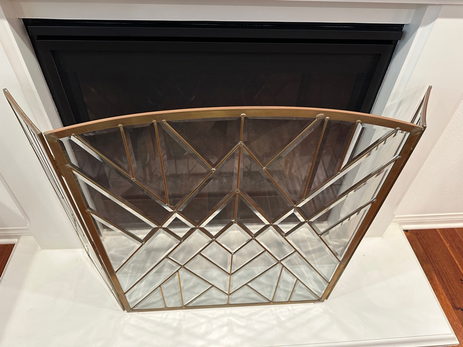 Bevel Clear Glass Folding Fireplace Screen Handmade By TMI Three Mountain International 51W X 34H Retails $750 [Photo 4]