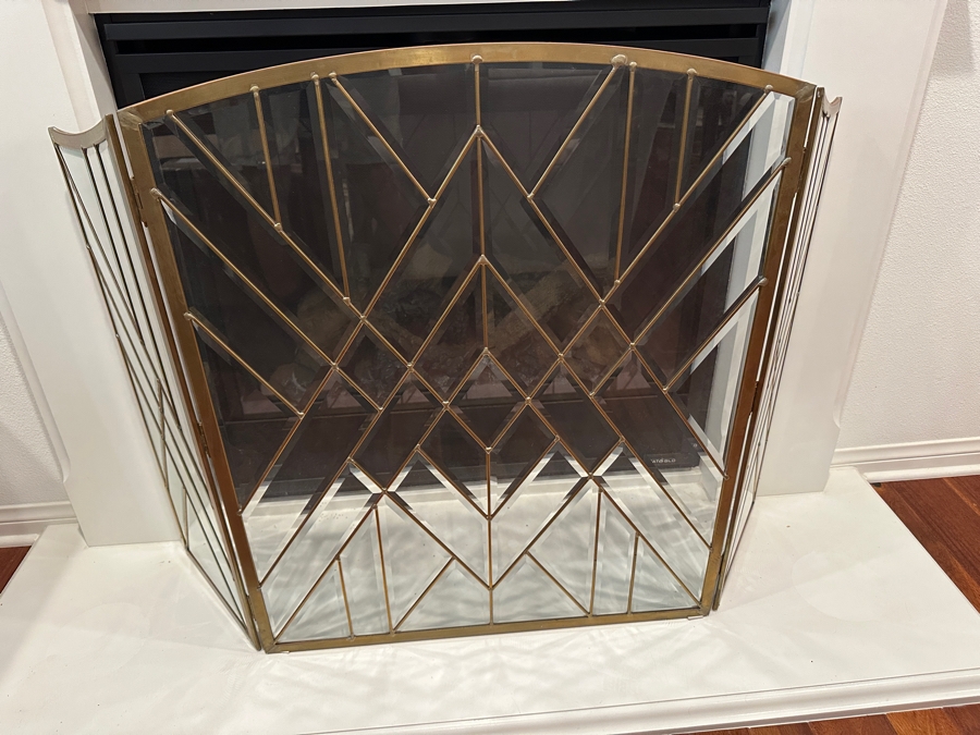 Bevel Clear Glass Folding Fireplace Screen Handmade By TMI Three Mountain International 51W X 34H Retails $750 [Photo 2]