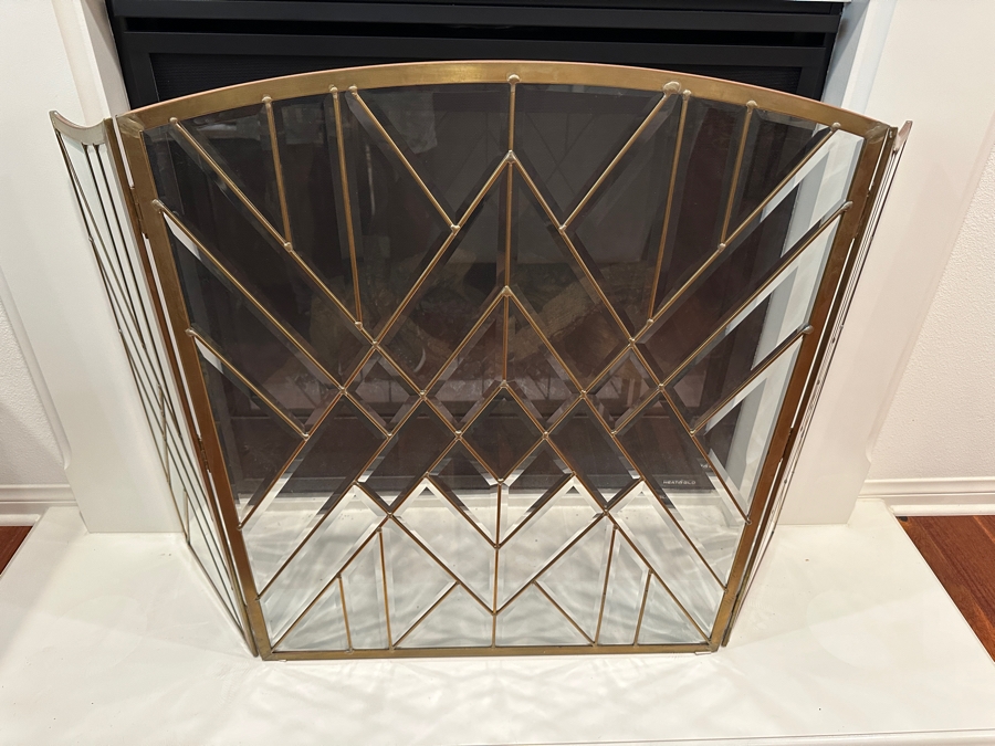 Bevel Clear Glass Folding Fireplace Screen Handmade By TMI Three Mountain International 51W X 34H Retails $750 [Photo 1]