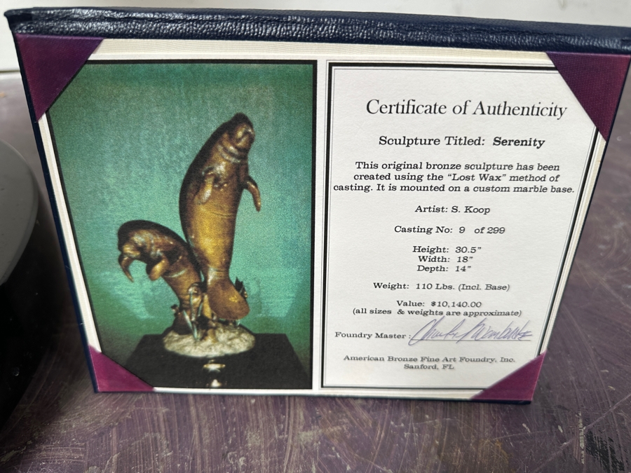 Stunning Large Limited Edition Bronze Manatee Sculpture On Custom Marble Rotating Base By Sandra Koop (S. Koop) Titled 'Serenity' 9/299 American Bronze Fine Art Foundry, Inc. 30.5'H X 18'W X 14'D Weighs 110lbs W/ Certificate Of Authenticity Valued $10,140 [Photo 14]