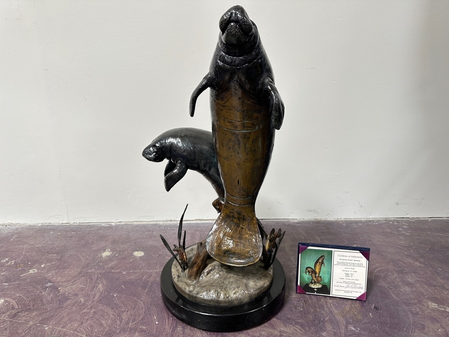Stunning Large Limited Edition Bronze Manatee Sculpture On Custom Marble Rotating Base By Sandra Koop (S. Koop) Titled 'Serenity' 9/299 American Bronze Fine Art Foundry, Inc. 30.5'H X 18'W X 14'D Weighs 110lbs W/ Certificate Of Authenticity Valued $10,140 [Photo 7]