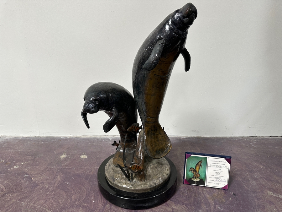 Stunning Large Limited Edition Bronze Manatee Sculpture On Custom Marble Rotating Base By Sandra Koop (S. Koop) Titled 'Serenity' 9/299 American Bronze Fine Art Foundry, Inc. 30.5'H X 18'W X 14'D Weighs 110lbs W/ Certificate Of Authenticity Valued $10,140 [Photo 2]